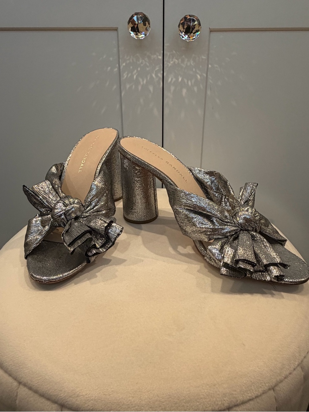 Loeffler Randall Silver Metallic Bow Block Heel Mules